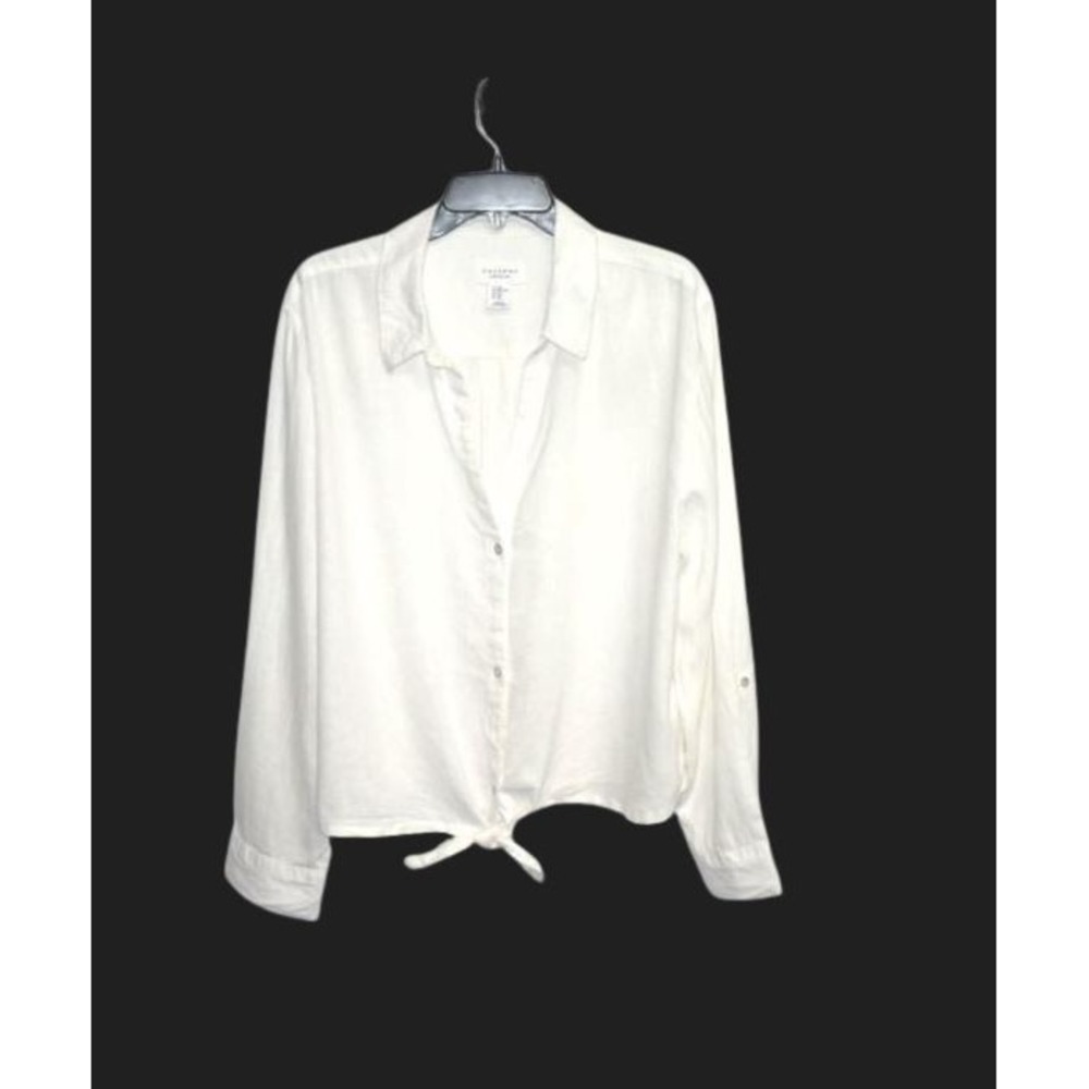 Calypso St‎ Barth Linen Blend Button Front Tie Hem Roll Tab Sleeve Top White 2XL
